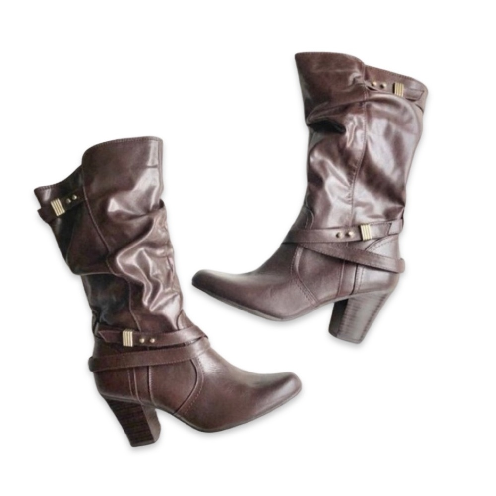 Mid-Calf Slouchy Heeled Boots Stacked Block Heel Chocolate Brown Women's 8.5